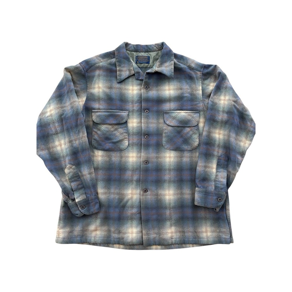 Pendleton Wool Board Shirt Vtg Ombre Shadow Plaid Loop Collar Flap Pocket XL